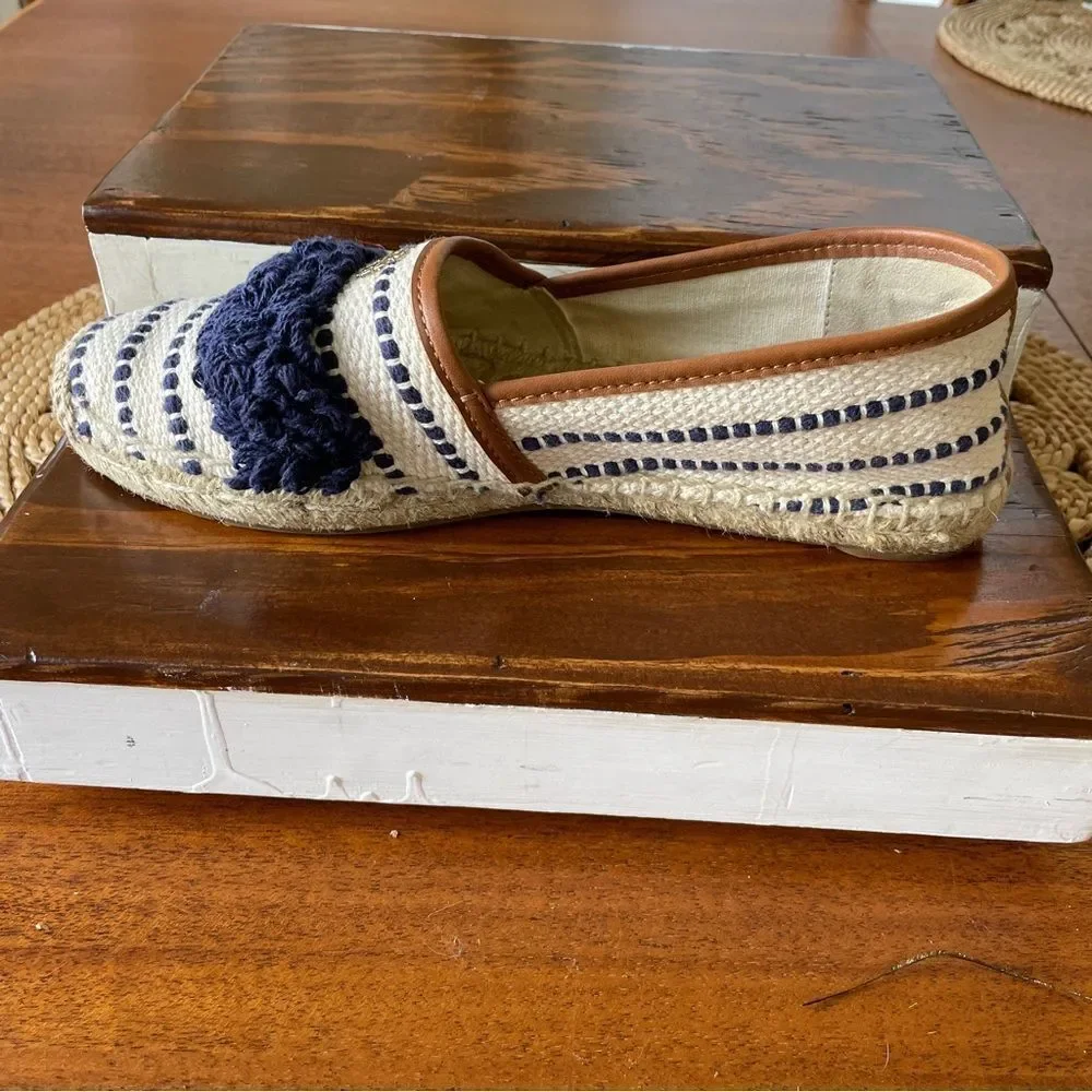 Tory Burch Shaw Fringe Espadrilles Navy and Cream Size 7